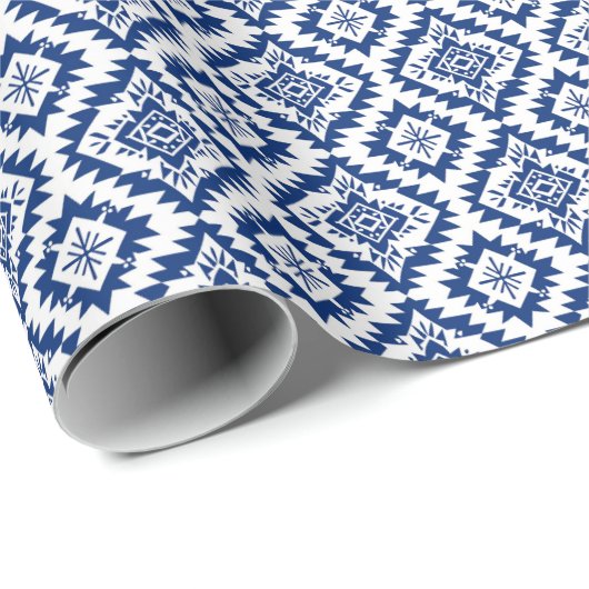 Zuidwesten Navajo Blauw-Wit Etnische Geometrische Cadeaupapier (Rol Hoek)