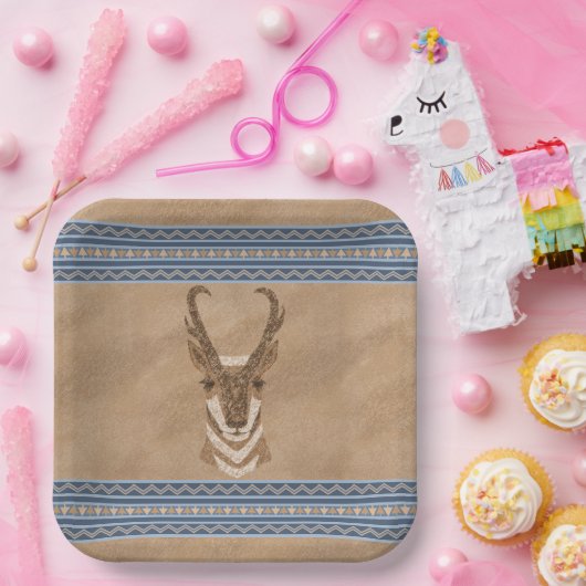 Zuidwesten Pronghorn Antelope Head Blauwe Rand Papieren Bordje (Feest)