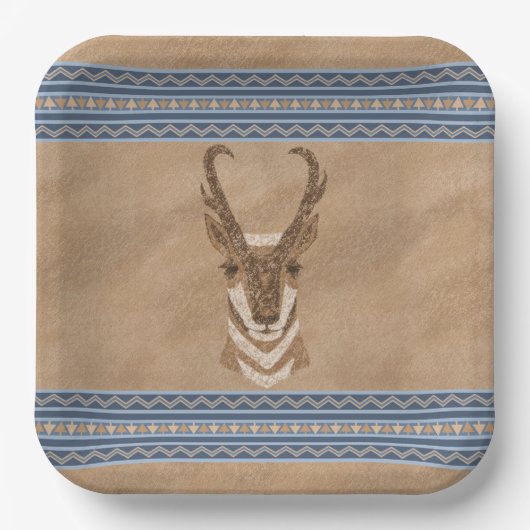 Zuidwesten Pronghorn Antelope Head Blauwe Rand Papieren Bordje (Voorkant)