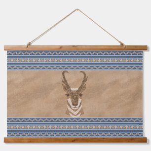 Zuidwesten Pronghorn Antelope Head Blue Borders Hangend Wandkleed