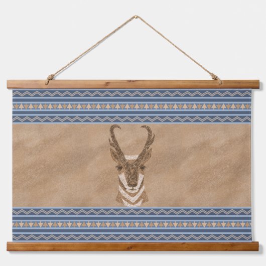 Zuidwesten Pronghorn Antelope Head Blue Borders Hangend Wandkleed (Voorkant)