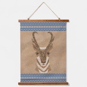 Zuidwesten Pronghorn Antelope Head Blue Borders Hangend Wandkleed
