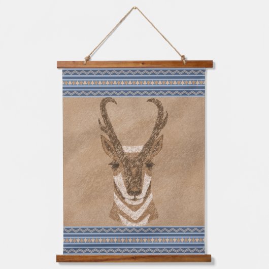 Zuidwesten Pronghorn Antelope Head Blue Borders Hangend Wandkleed (Voorkant)