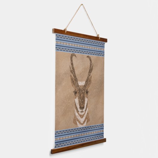 Zuidwesten Pronghorn Antelope Head Blue Borders Hangend Wandkleed (Gebogen)