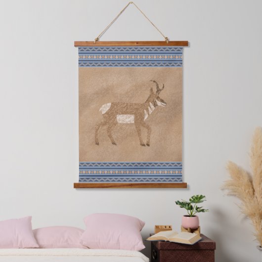 Zuidwesten Pronghorn Wandelen Antelope Blue Border Hangend Wandkleed (Slaapkamer)