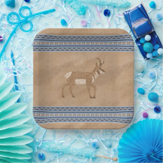 Zuidwesten Pronghorn Wandelen Antelope Blue Border Papieren Bordje (Feest)