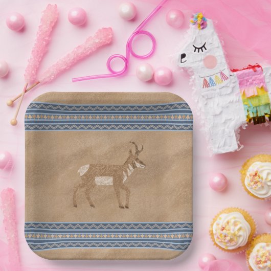 Zuidwesten Pronghorn Wandelen Antelope Blue Border Papieren Bordje (Feest)