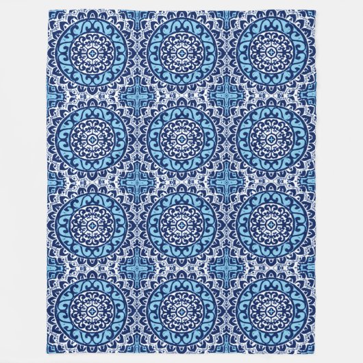 Zuidwesterse Zon Mandala Batik, Marineblauw & Wit Fleece Deken (Voorkant)