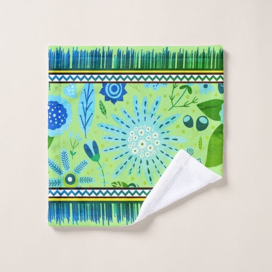 Zuidwestpatroon Boho bloemen blauw, groen, geel Bad Handdoek (Wasdoekje)