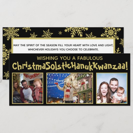 Zuinige Politiek Correct 3 Foto Zwart & Goud Feestdagenkaart (Voorkant / Achterkant)