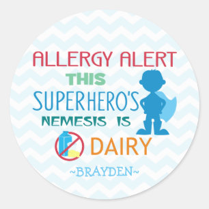 Zuivel Allergie Alert Superheld Jongen Blauw Chevr Ronde Sticker