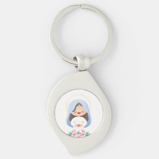 Zuivere Kawaii Maagd Maria met Hart – Wit Sleutelhanger (Voorkant)