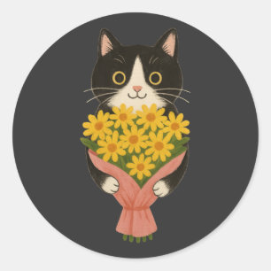 Zulke Tuxedo Kat met Zonnebloemen Boeket Ronde Sticker