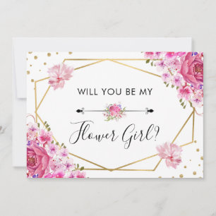 Zult u mijn bloemenmeisje zijn Roze rozen bruiloft Kaart