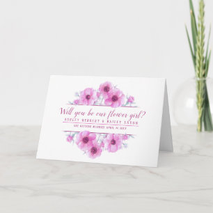 Zult u onze bloemenmeisje zijn roze bloemen kaart