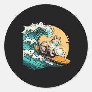 Zurfende Kat, Kat Op Surfplank, Kat Die Op Een Gol Ronde Sticker