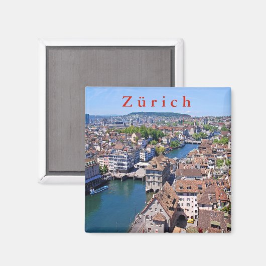 Zürich. Panorama van de Grossmunster Tower. Magneet (Voorkant / Achterkant)