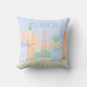 Zürich Travel Art, Zwitserland, Blue Retro Travel Kussen
