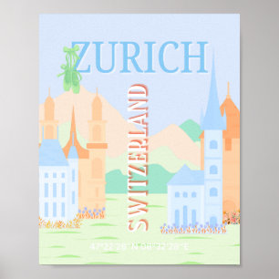 Zürich Travel Art, Zwitserland, Blue Retro Travel Poster
