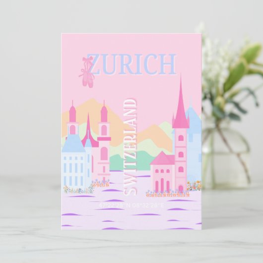 Zürich Travel Art, Zwitserland, Pink Preppy Feestdagenkaart (Staand voorkant)