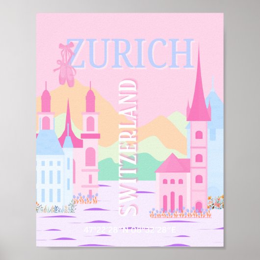Zürich Travel Art, Zwitserland, Pink Preppy Poster (Voorkant)