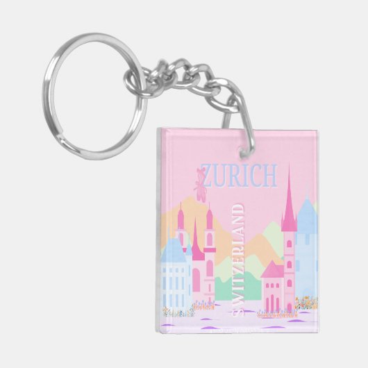 Zürich Travel Art, Zwitserland, Pink Preppy Sleutelhanger (Voorkant Links)