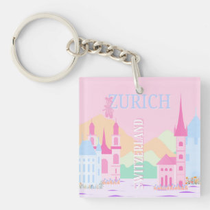 Zürich Travel Art, Zwitserland, Pink Preppy Sleutelhanger