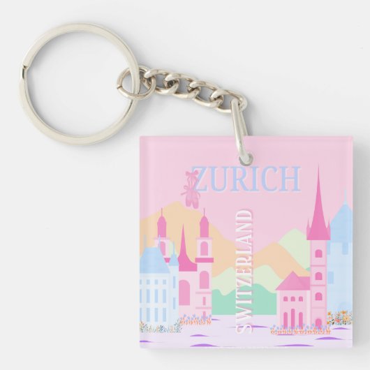 Zürich Travel Art, Zwitserland, Pink Preppy Sleutelhanger (Voorkant)