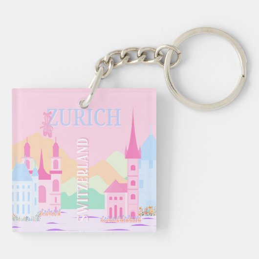 Zürich Travel Art, Zwitserland, Pink Preppy Sleutelhanger (Achterkant)