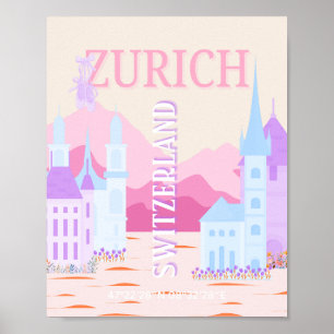 Zürich Travel Art, Zwitserland, Pink Preppy Travel Poster