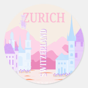 Zürich Travel Art, Zwitserland, Pink Preppy Travel Ronde Sticker