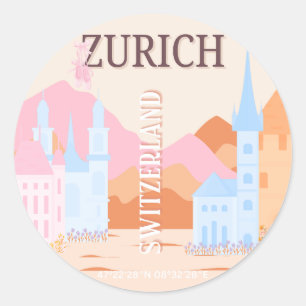 Zürich Travel Art, Zwitserland, Retro Travel Art Ronde Sticker