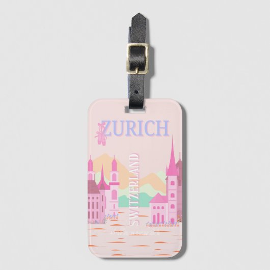 Zürich Travel Art, Zwitserland, Roze Retro Reizen Bagagelabel (Voorkant (verticaal))