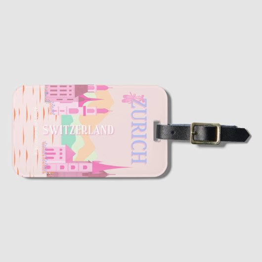 Zürich Travel Art, Zwitserland, Roze Retro Reizen Bagagelabel (Voorkant (horizontaal))