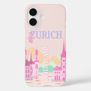 Zürich Travel Art, Zwitserland, Roze Retro Reizen iPhone 16 Hoesje