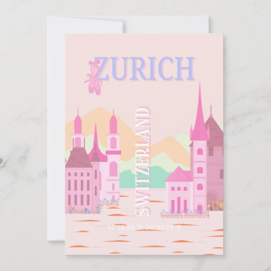 Zürich Travel Art, Zwitserland, Roze Retro Reizen Feestdagenkaart (Voorkant)