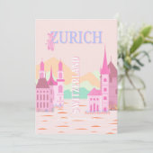 Zürich Travel Art, Zwitserland, Roze Retro Reizen Feestdagenkaart (Staand voorkant)