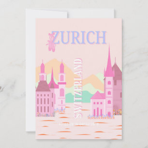 Zürich Travel Art, Zwitserland, Roze Retro Reizen Feestdagenkaart