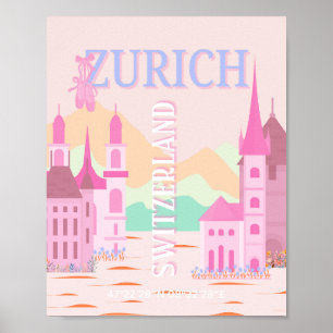 Zürich Travel Art, Zwitserland, Roze Retro Reizen Poster