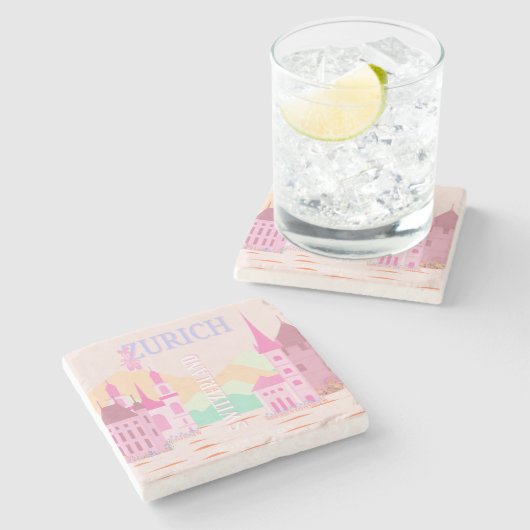 Zürich Travel Art, Zwitserland, Roze Retro Reizen Stenen Onderzetter (Zijkant)
