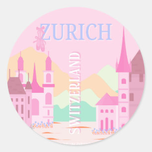 Zürich Travel Art, Zwitserland Travel Art, Roze Ronde Sticker