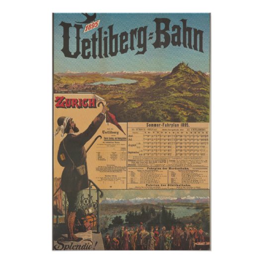 Zurich Uetliberg Timetable Vintage Swiss Travel Perfect Poster (Voorkant)