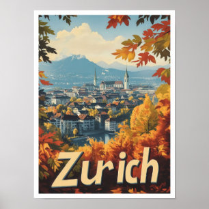 Zürich Zwitserland Art Vintage Travel Illustration Poster