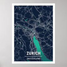Zürich - Zwitserland Blue Dark City Map