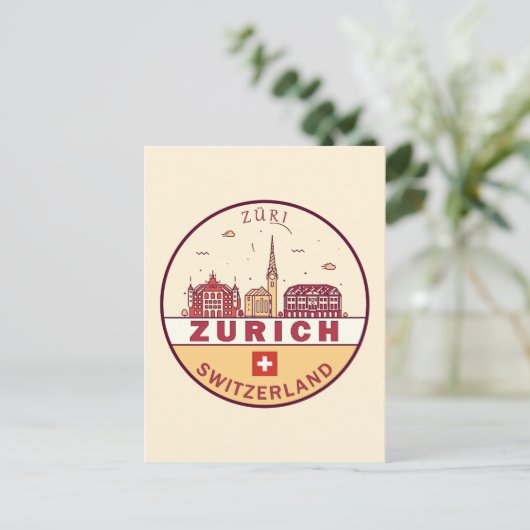 Zurich Zwitserland City Skyline Emblem Briefkaart (Staand voorkant)