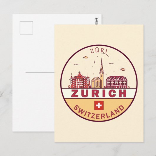 Zurich Zwitserland City Skyline Emblem Briefkaart (Voorkant / Achterkant)