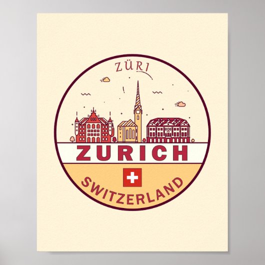 Zurich Zwitserland City Skyline Emblem Poster (Voorkant)