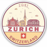 Zurich Zwitserland City Skyline Emblem Sticker<br><div class="desc">Zürich minimalistisch,  kleurrijk kunstontwerp met monumenten en landmerken van de stad in Zwitserland.</div>