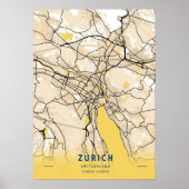 Zürich - Zwitserland Gele City Map Poster (Voorkant)