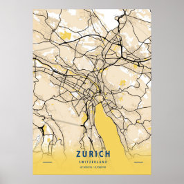 Zürich - Zwitserland Gele City Map Poster